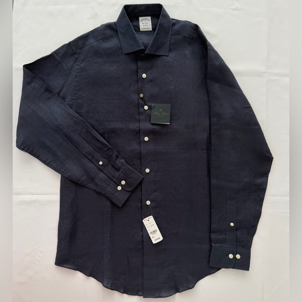 Brooks Brothers NWT 100% Irish Linen Button Down Shirt in Navy Blue Size M